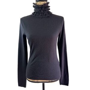 Eccoci Women's Black Ruffle Neck Cashmere & Silk Turtleneck Sweater Sz S